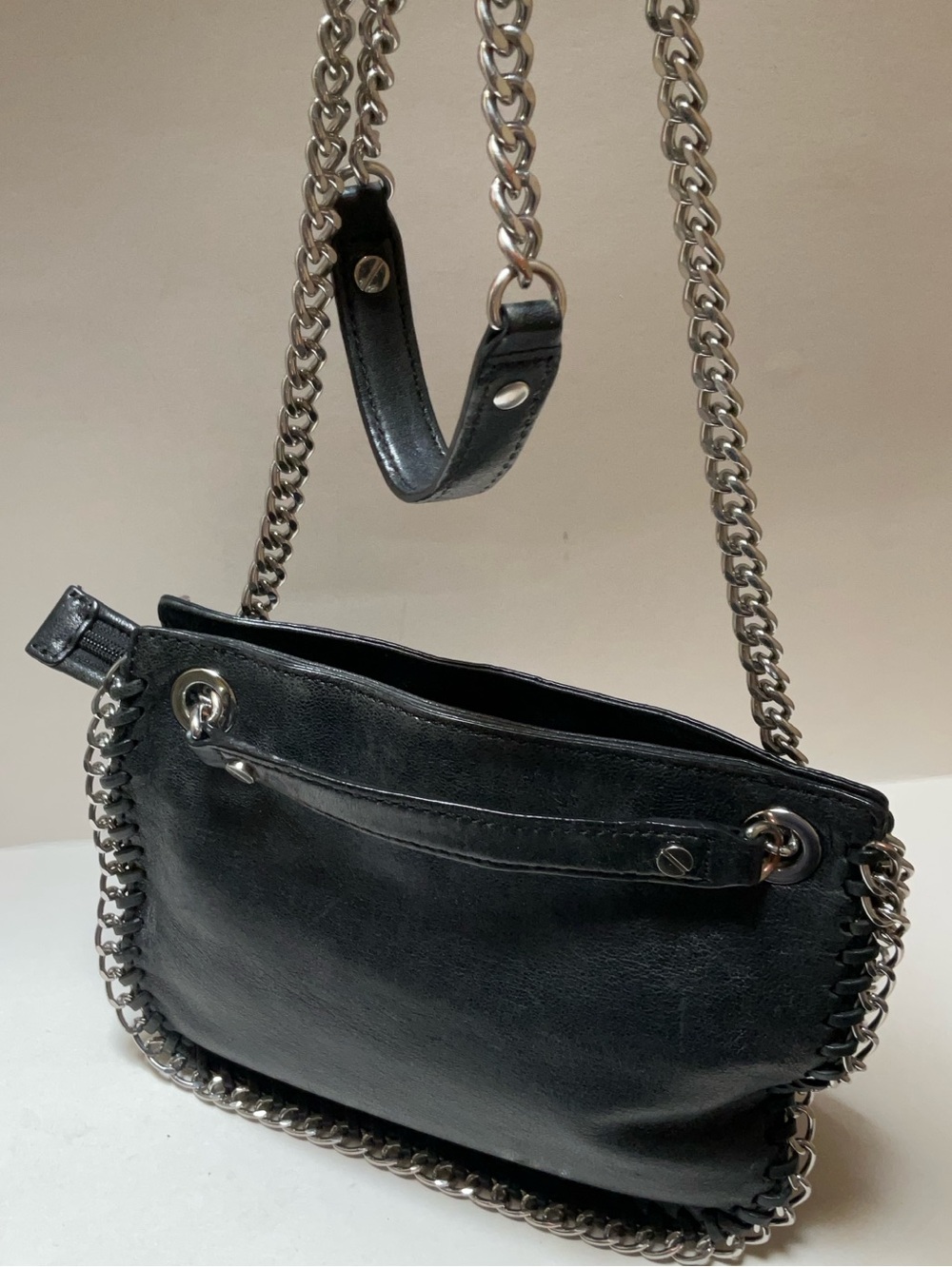 Michael Kors Chelsea Black Chain Trim Shoulder Bag Silver Hardware Rocker Metal